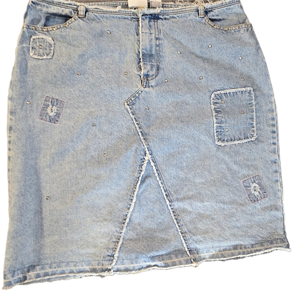 Vintage Carolina Blues Rhinestone Patchwork Denim Skirt Raw Hem Womens 16 *flaw